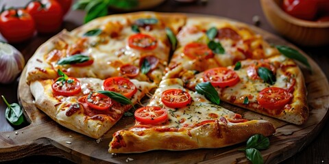 Poster - Pizza with cheese and tomatoes served on a wooden platter