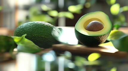 Fresh avocado cut open on a wooden surface surrounded by lush greenery, highlighting the natural and healthy fruit in a vibrant setting.