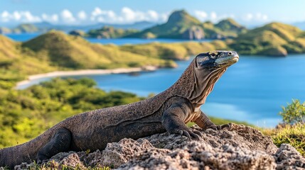 Close-up of a Komodo dragon on a rock with a blue ocean and green islands in the background.