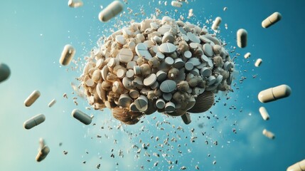 Pills forming a brain shape against a blue background.