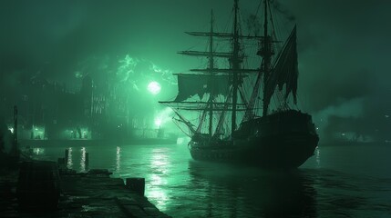 Mysterious Silhouette of a Ship at Night in a Harbor