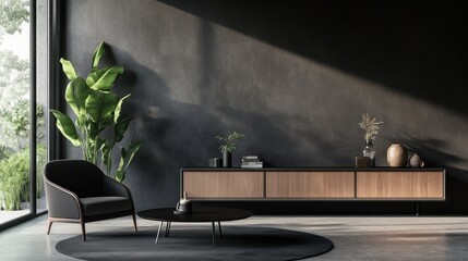 Wall Mural - Modern living room interior with black armchair and wooden cabinet in front of dark grey wall.