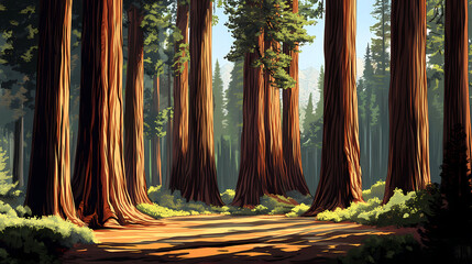 tall forest of giant sequoias in national park - a majestic redwood landscape. redwood forest. illus
