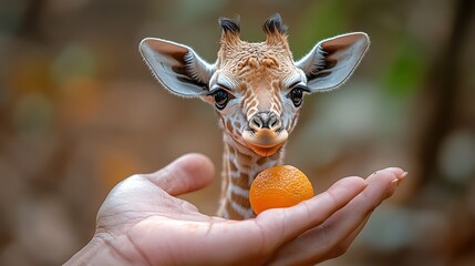 A baby giraffe reaching for an orange in a person's hand.