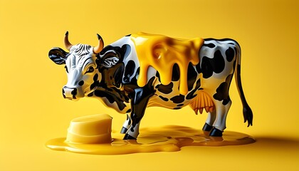 Wall Mural - Whimsical Butter Cow Sculpture on Vibrant Yellow Canvas Celebrating Dairy and Culinary Artistry