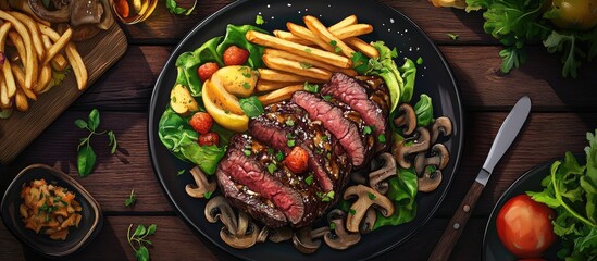 Roast beef with creamy mushroom sauce accompanied by salad fruit and French fries served on a black plate atop a wooden table