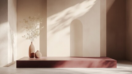 Wall Mural - Minimalist interior design with a platform, two vases, and dried flowers, illuminated by sunlight streaming through a window, casting shadows on the walls.