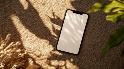 A black smartphone with a white screen lies on a brown textured surface with a blurred leaf in the background and a light shadow across the screen.