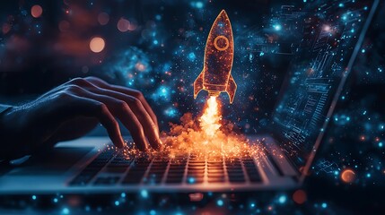 Wall Mural - a laptop shows a rocket launching, symbolizing startup success, innovation, and technological growth