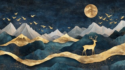 Wall Mural - abstract mountain landscape with golden deer, full moon and birds in the night sky.