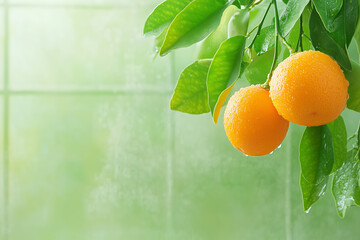 Wall Mural - Fresh oranges hanging on a tree branch in a garden