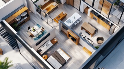 Wall Mural - Top view of an open floorplan modern apartment with a bedroom, bathroom, kitchen, and living room.