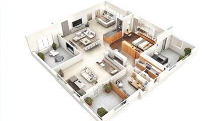 Wall Mural - Modern apartment interior design with open floor plan, 3 bedrooms, kitchen, and balconies.