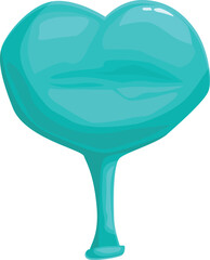 Cartoon turquoise glossy lips forming a heart shape standing on a thin stem, sensual object for valentine's day