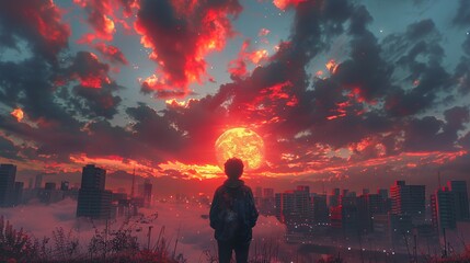 Wall Mural - Silhouette of a Person Against a Red Sunset Over a Cityscape