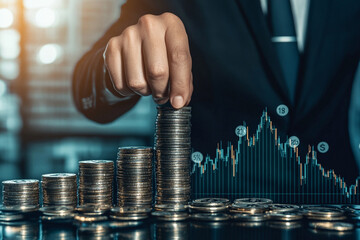 Businessman stacking coins with financial graph in background, symbolizing investment growth and economic analysis.