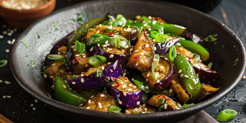 Wall Mural - SautÃƒÂ©ed Eggplant and Green Bell Pepper with Miso Sauce