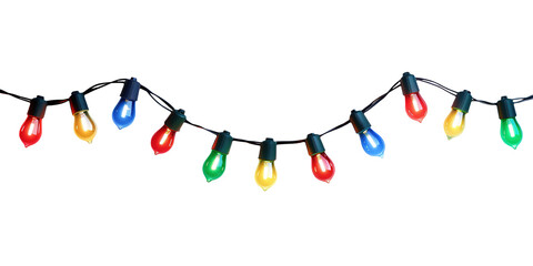 Wall Mural - a string of colorful christmas lights with bulbs lit up in red, green, blue, and yellow isolated on 