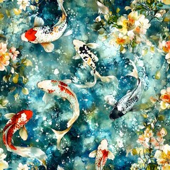 Sticker - Koi Fish Watercolor Seamless Pattern