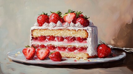 Oil painting depicting a layered strawberry cake showcasing a delicious dessert creation