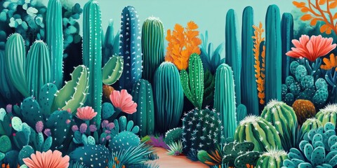 Wall Mural - Oil painting depicting a vibrant cactus garden within a botanical setting