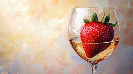 Wall Mural - Large strawberry placed in a wine glass depicted in an oil painting with a light background and vibrant lighting featuring a close up of the strawberry arrangement