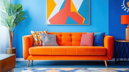 Wall Mural - Modern living room with an orange couch and colorful abstract painting on blue wall.