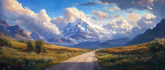 Oil painting depicting a scenic road leading to a majestic mountain