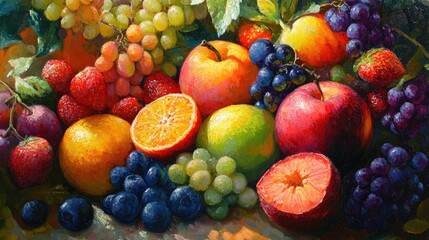 Wall Mural - Macro oil painting of fruits in a garden setting showcasing vibrant colors and intricate details of the produce