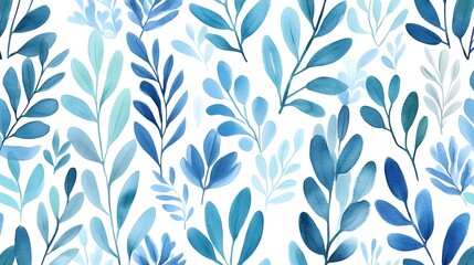 Poster - Blue Watercolor Leaves Seamless Pattern