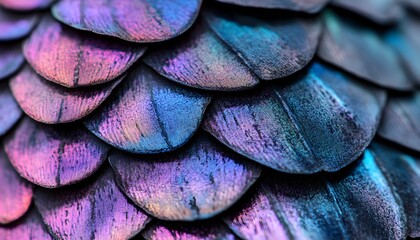 Wall Mural - Closeup of iridescent scales with purple and blue hues