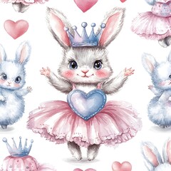 Canvas Print - Cute Watercolor Bunny Princess Seamless Pattern