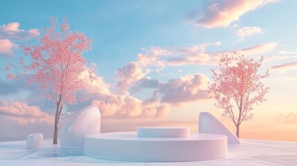 Wall Mural - White podium with pink trees in a pastel sky.