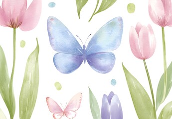 Sticker - Watercolor illustration of a blue butterfly and tulips