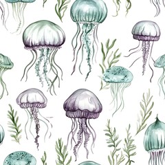 Sea Life Watercolor Seamless Pattern -  Jellyfish and Seaweed