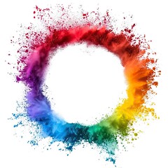 Wall Mural - Splash of multicolor powder into circle frame isolated on white 
