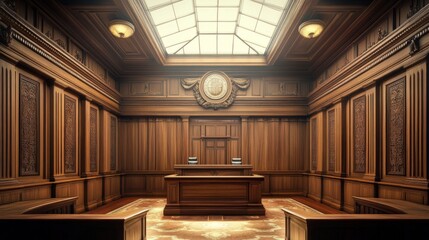 An empty courtroom with wooden paneling, ornate details, a skylight, and two desks in front of a judges bench.