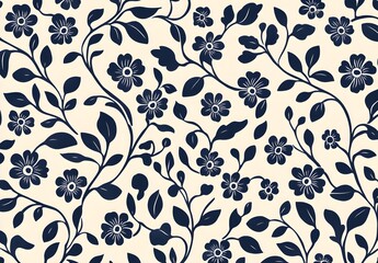 Seamless Floral Pattern with Blue Flowers and Leaves on Cream Background