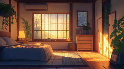 Wall Mural - Anime style illustration of a retro Japanese bedroom interior with comfortable anime wooden furniture