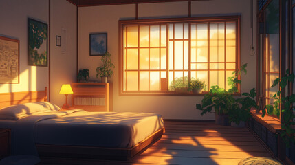 Wall Mural - Anime style illustration of a retro Japanese bedroom interior with comfortable anime wooden furniture