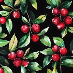 Sticker - Watercolor painting of red berries with green leaves