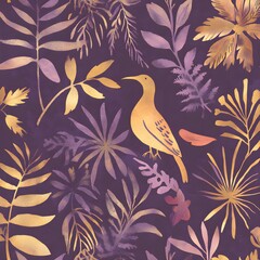 Sticker - Golden Bird in a Purple and Gold Floral Pattern