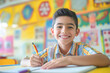 © Taras Roshchuk - Smiling Boy Writing Happily in His Notebook in a Bright and Colorful Classroom Environment