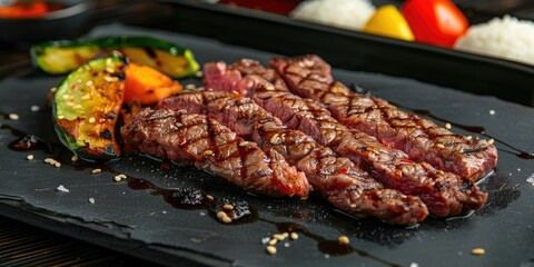 Canvas Print - Grilled Ribeye Steak with SautÃƒÂ©ed Vegetables and Rice