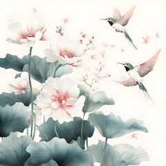 Sticker - Watercolor Hummingbirds with Lotus Flowers