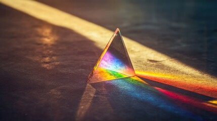 Wall Mural - Glass pyramid casting a rainbow on a textured surface.