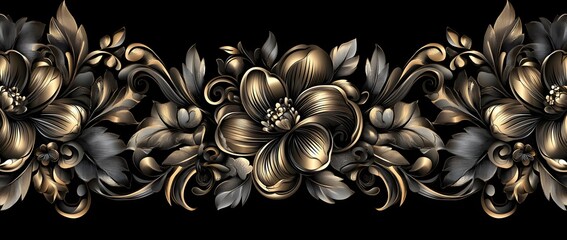 Wall Mural - Gold and Black Floral Ornament Seamless Pattern