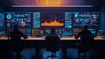 Three people are sitting in front of computer monitors with glowing data and graphics, in a dark room.
