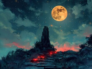 Wall Mural - Mystical Night Landscape with Glowing Path and Full Moon