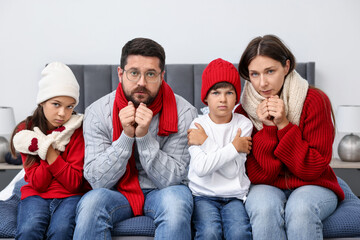 Canvas Print - Cold symptom. Family suffering from fever on bed at home